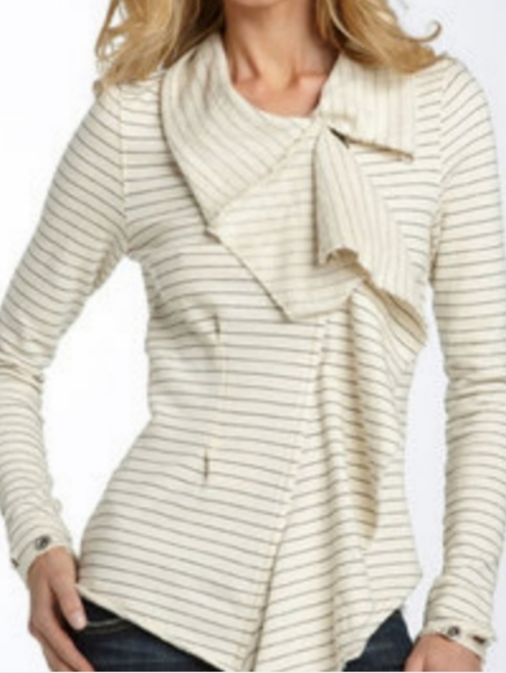 We The Free Ebb And Flow Cream Striped Ruffle-Front Knit Top